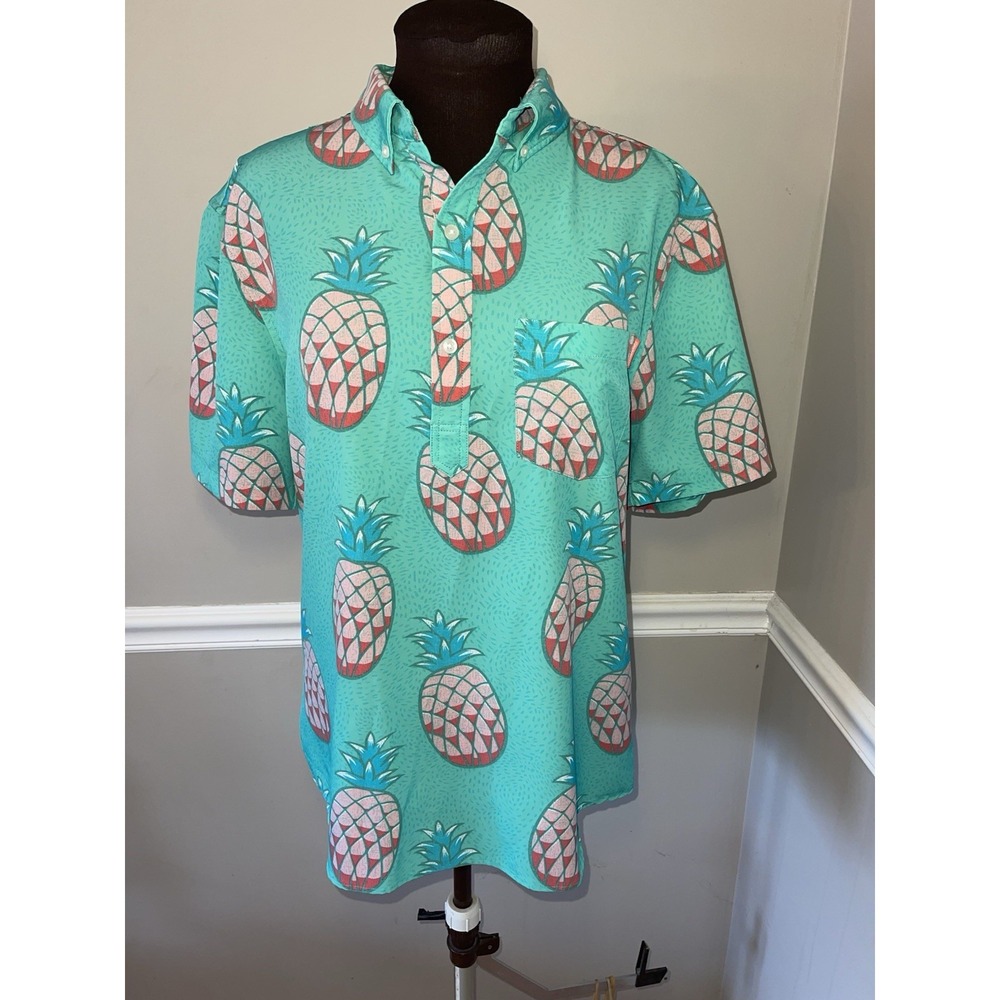 Chubbies Performance Hawaiian Pineapple Teal Shirt Mens L Stretch Pullover‎